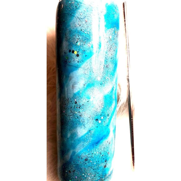 Alcohol Ink Tumbler Blue White & Glitter Swirl Stainless Cup Lid & Straw - Picture 6 of 12